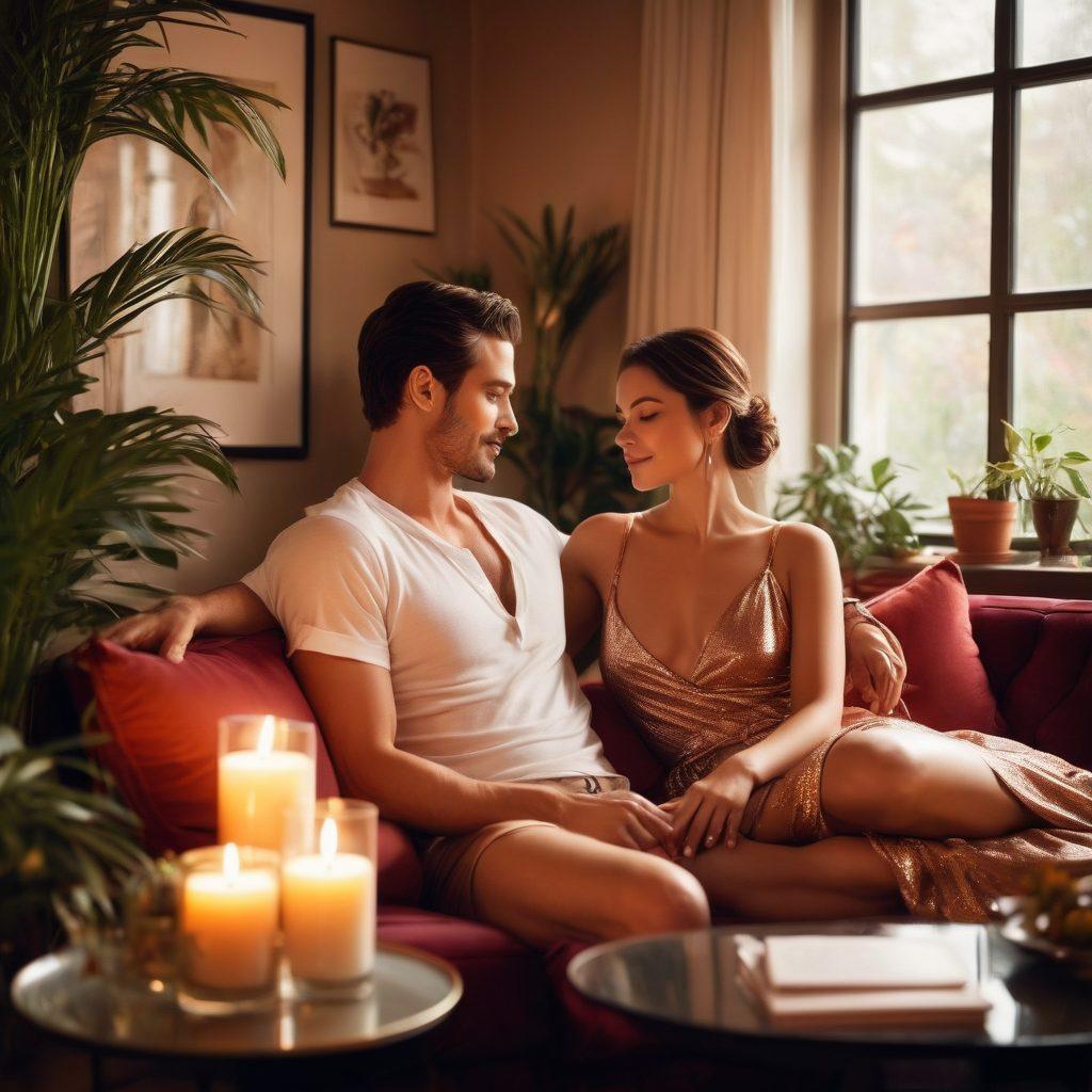 A sensual and inviting scene featuring an elegant couple sharing a passionate moment in a softly lit lounge, surrounded by tasteful decor and vibrant plants. The background shows subtle hints of adult lifestyle elements like magazines, candles, and wine glasses, all exuding an atmosphere of intimacy and sophistication. Warm colors dominate the palette, creating a cozy yet alluring vibe. artistic photography. soft focus. warm tones.