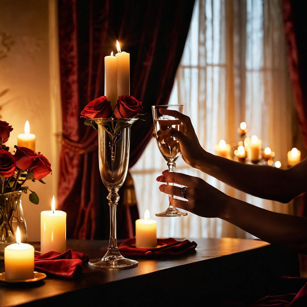 A luxurious, softly lit room adorned with velvet drapes and plush furnishings, featuring delicate candles casting a warm glow. In the foreground, a pair of intertwined hands holding a delicate rose, symbolizing romance and intimacy. Sensual silhouettes in the background suggestive of a connection, with hints of playful elegance. The atmosphere exudes allure and mystery, inviting the viewer to explore desires. super-realistic. warm tones. soft focus.